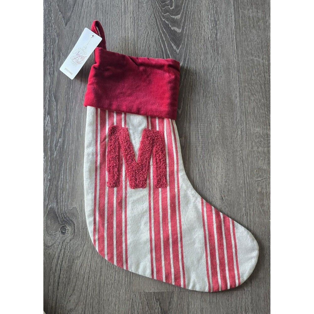 North Pole Trading "M” Christmas Stocking Red Stripes Monogram Initial NWT